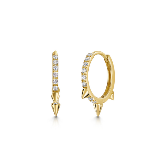 9k solid yellow gold 10mm crystal spike huggie earring pair
