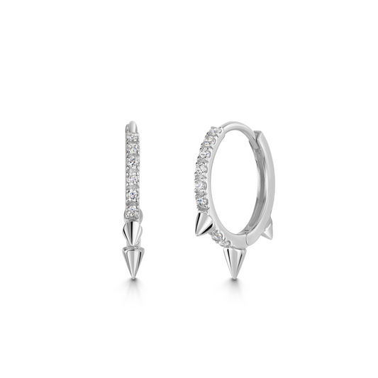 9k solid white gold 10mm crystal spike huggie earring pair