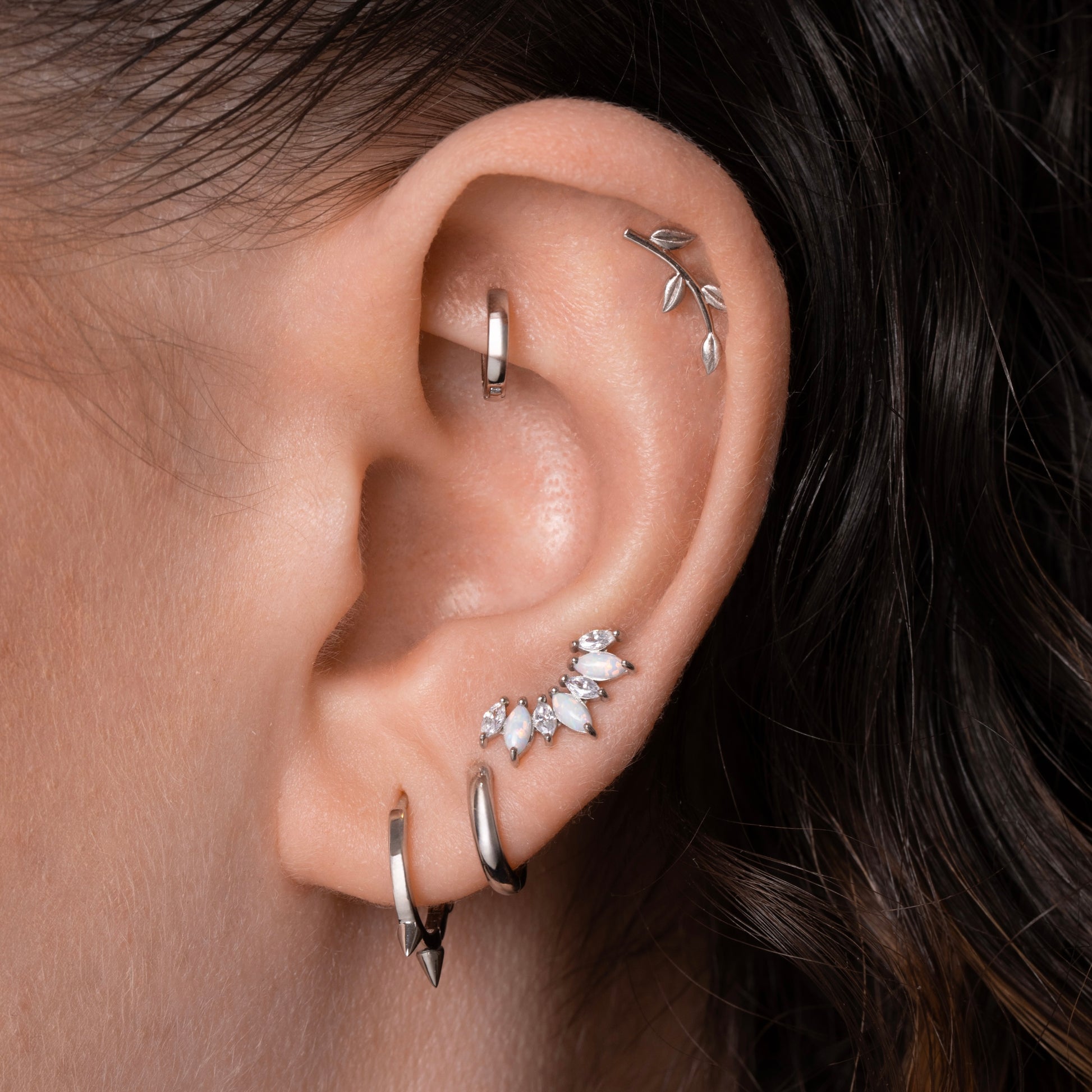 14k solid white gold textured vine garland flat back labret stud earring 8mm Cartilage Studs Laura Bond Maria Tash