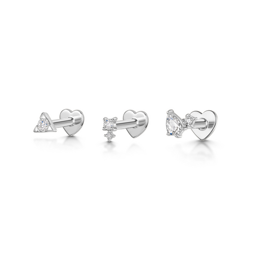 The twinkle stacking set - 9k solid white gold flat back labret stud earring set