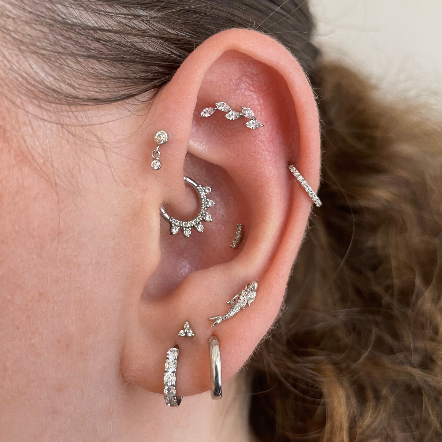 9k solid white gold mermaid flat back labret stud earring 6mm (left) Cartilage Studs Laura Bond Maria Tash astrid miyu