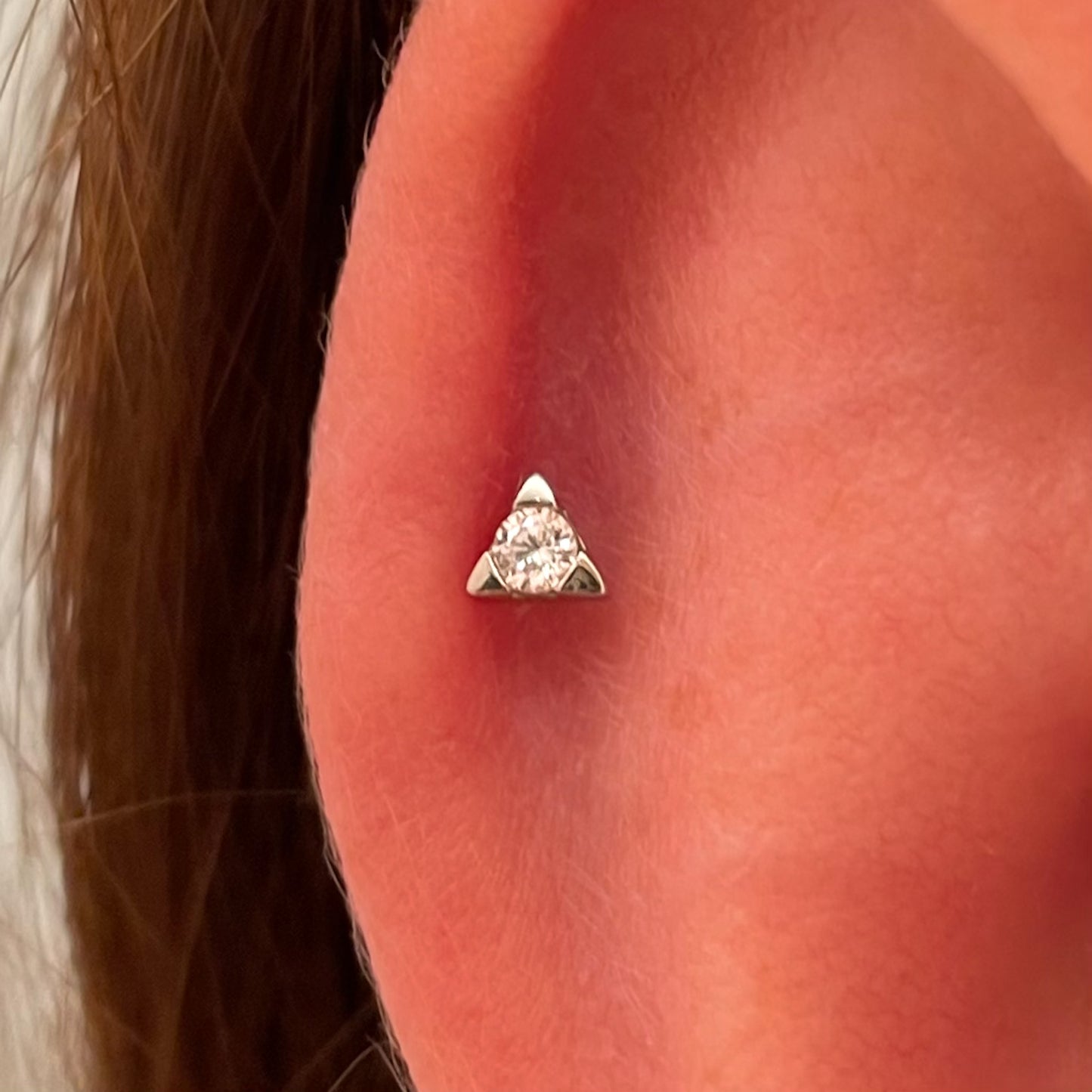 14k solid white gold tiny triangle Celeste crystal flat back labret stud earring 8mm