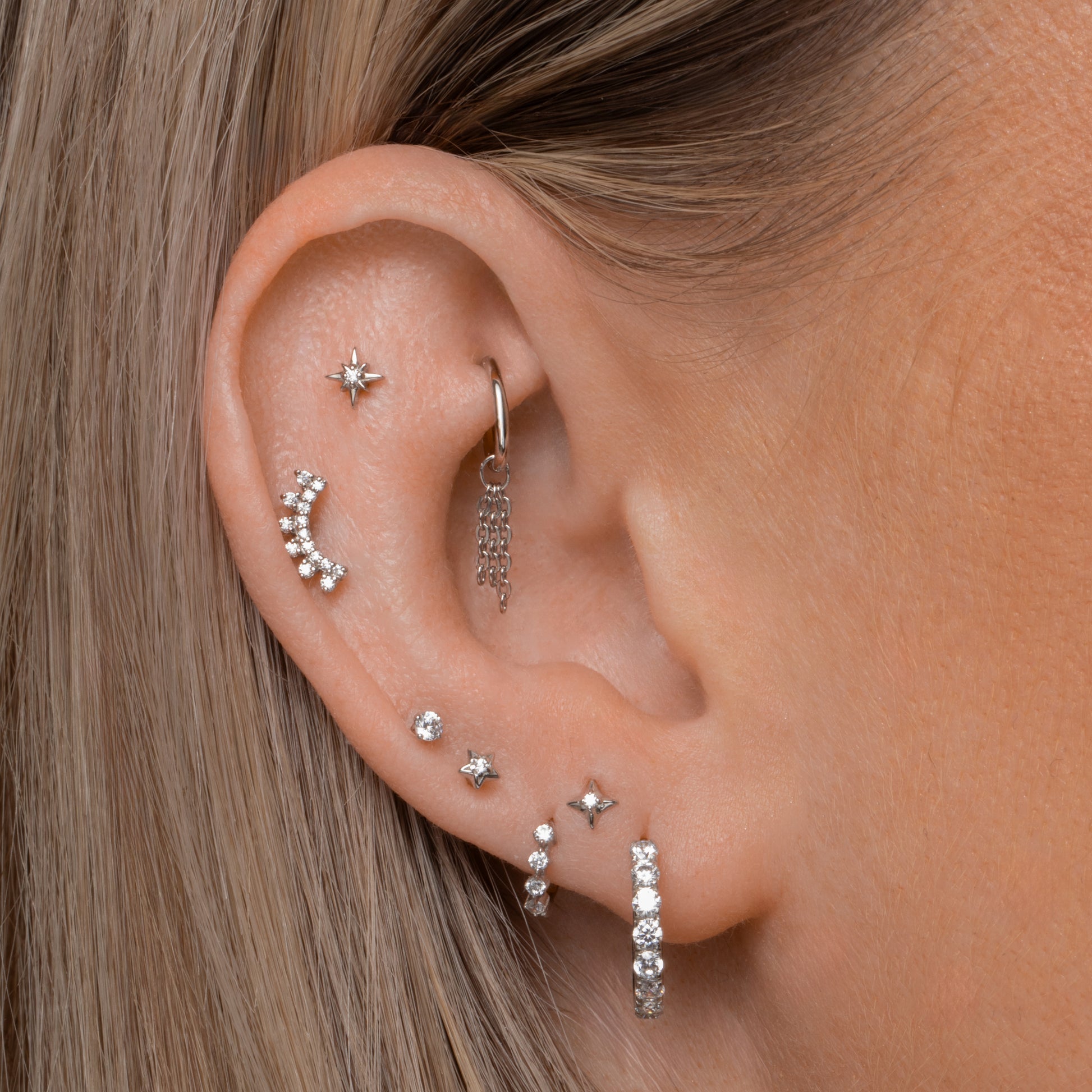 9k solid white gold four-stone crystal teeny tiny huggie earring Huggies and Hoops Laura Bond Maria Tash astrid miyu