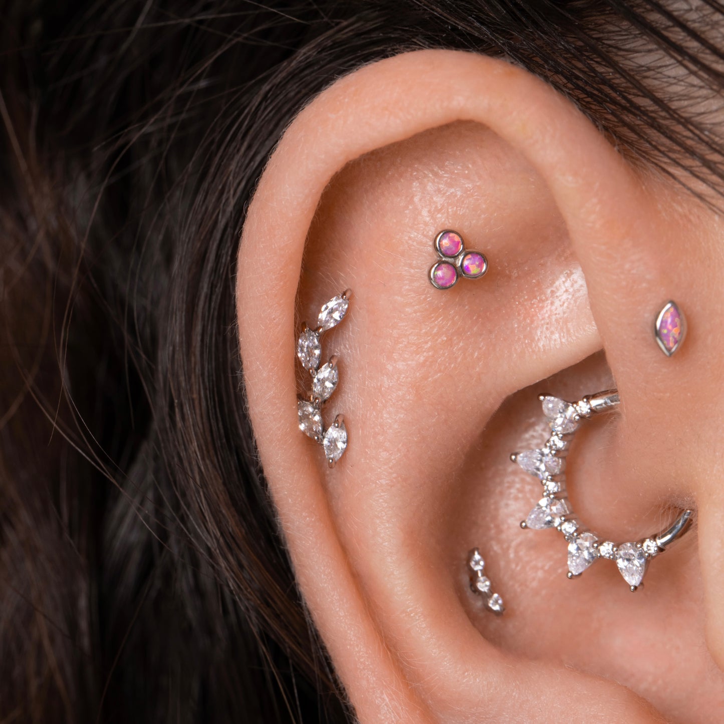 14k solid white gold Flora pink opal triad flat back labret stud earring 8mm