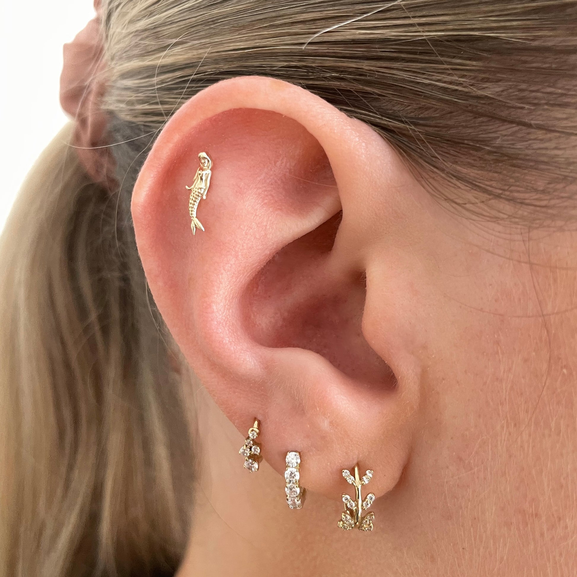 14k solid yellow gold mermaid flat back labret stud earring 8mm (right) Cartilage Studs Laura Bond Maria Tash