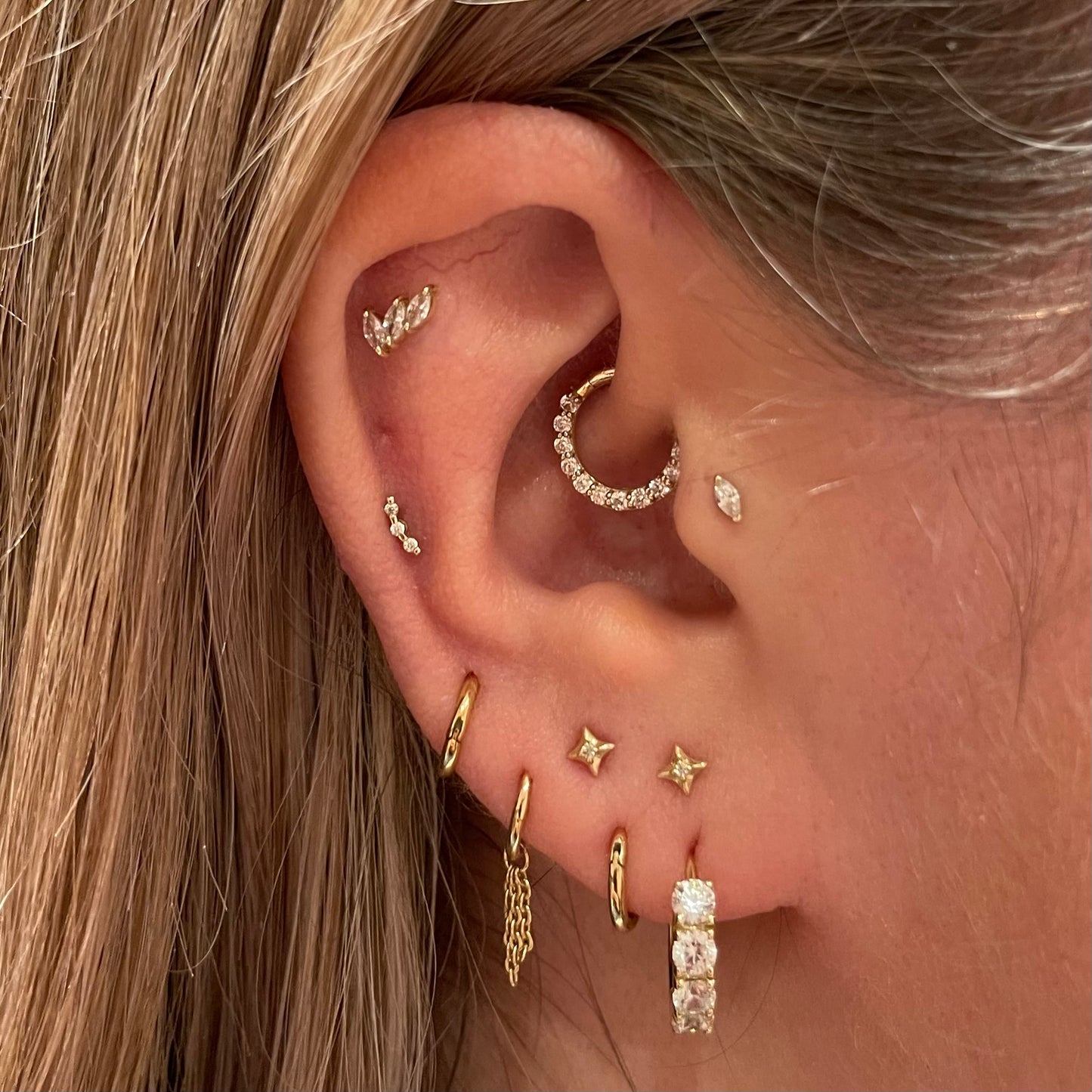 14k solid yellow gold tiny marquise flat back labret stud earring 8mm Cartilage Studs Laura Bond Maria Tash