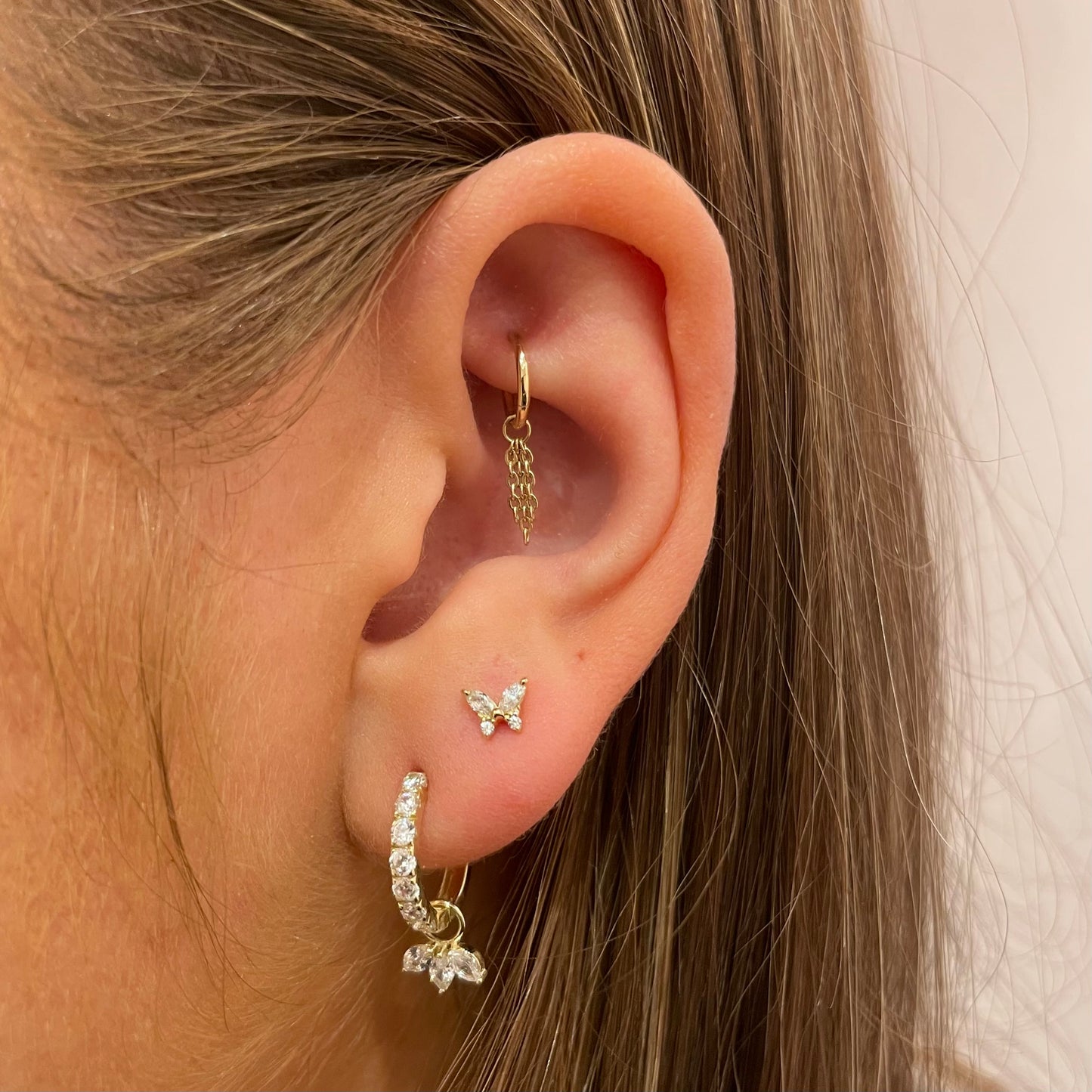 14k solid yellow gold tiny butterfly flat back labret stud earring 8mm Cartilage Studs Laura Bond Maria Tash