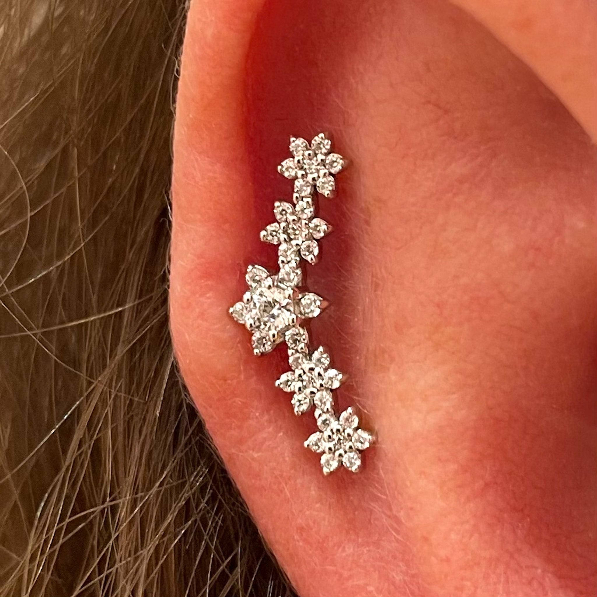 14k solid white gold flower crown flat back labret climber stud earrin Laura Bond