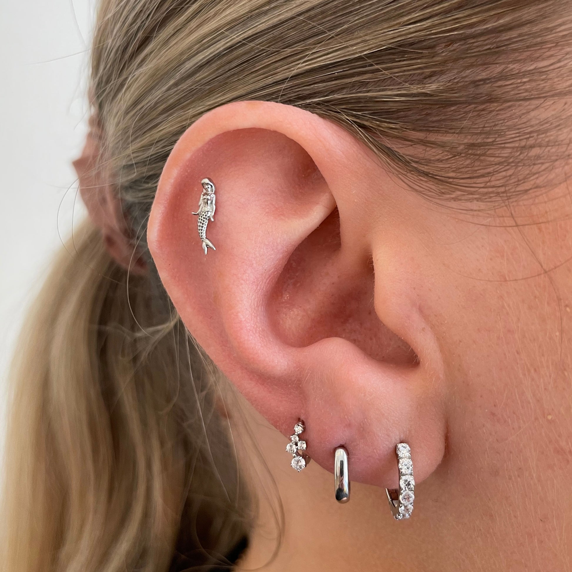 14k solid white gold mermaid flat back labret stud earring 8mm (right) Cartilage Studs Laura Bond Maria Tash