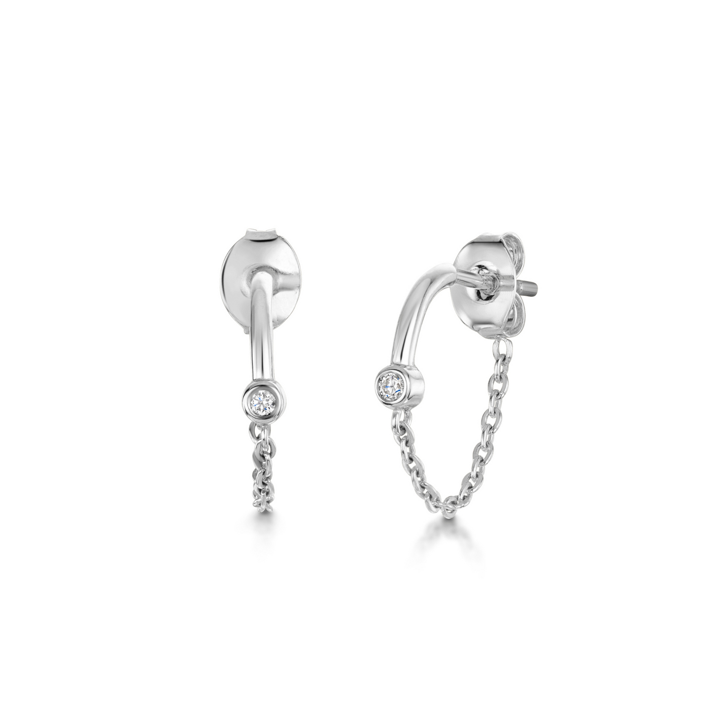 9k solid white gold crystal chain huggie earring pair
