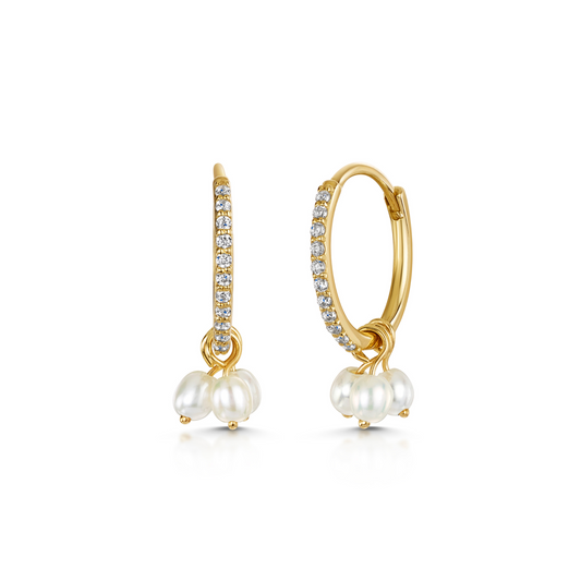 9k solid yellow gold crystal and freshwater pearl huggie earring pair