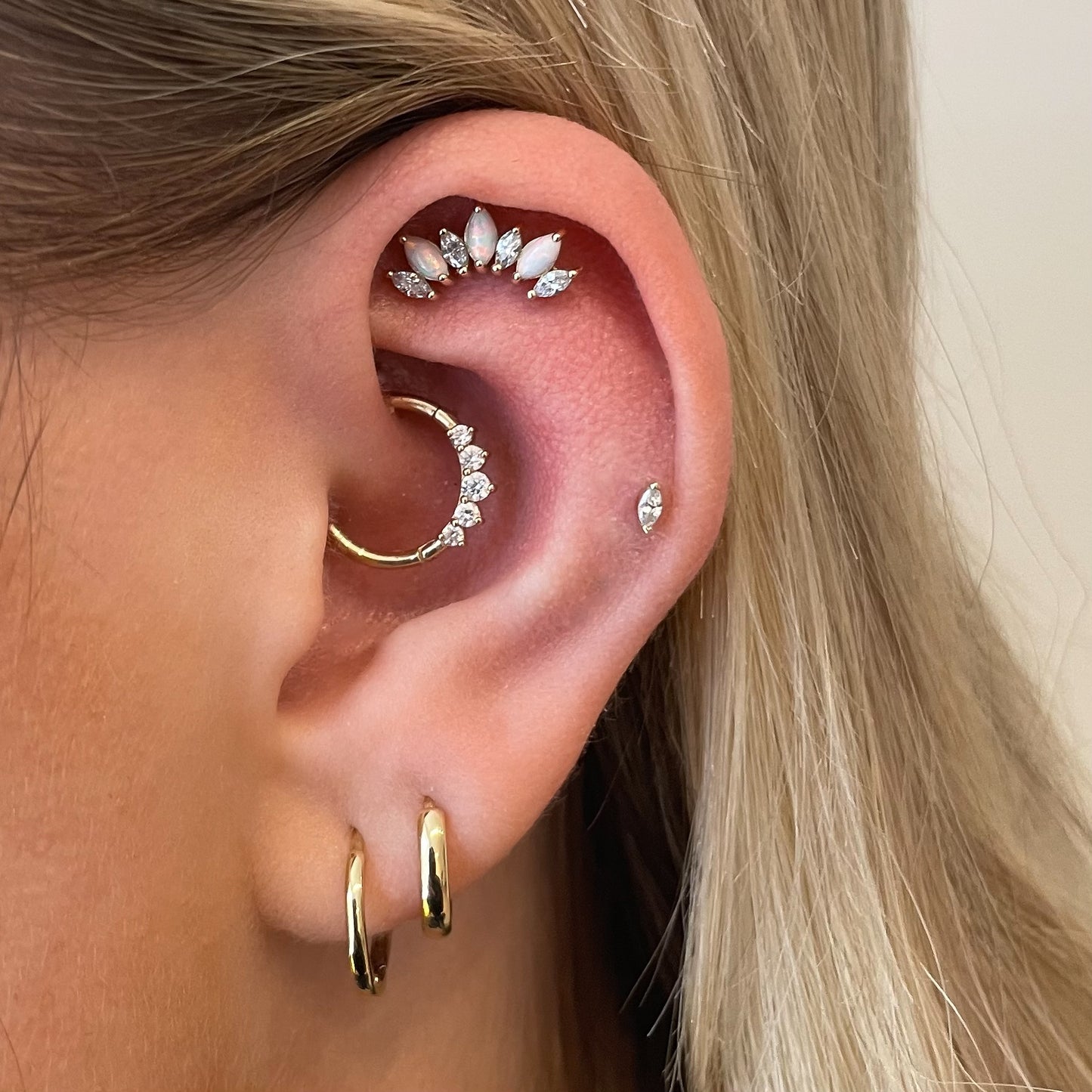 14k solid yellow gold tiny marquise flat back labret stud earring 8mm Cartilage Studs Laura Bond Maria Tash