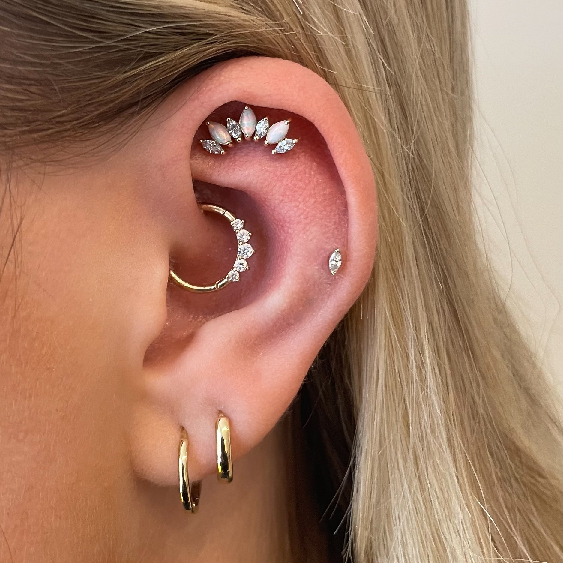 14k solid yellow gold tiny marquise flat back labret stud earring 8mm Cartilage Studs Laura Bond Maria Tash