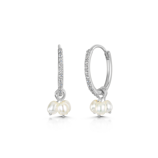 9k solid white gold crystal and freshwater pearl huggie earring pair