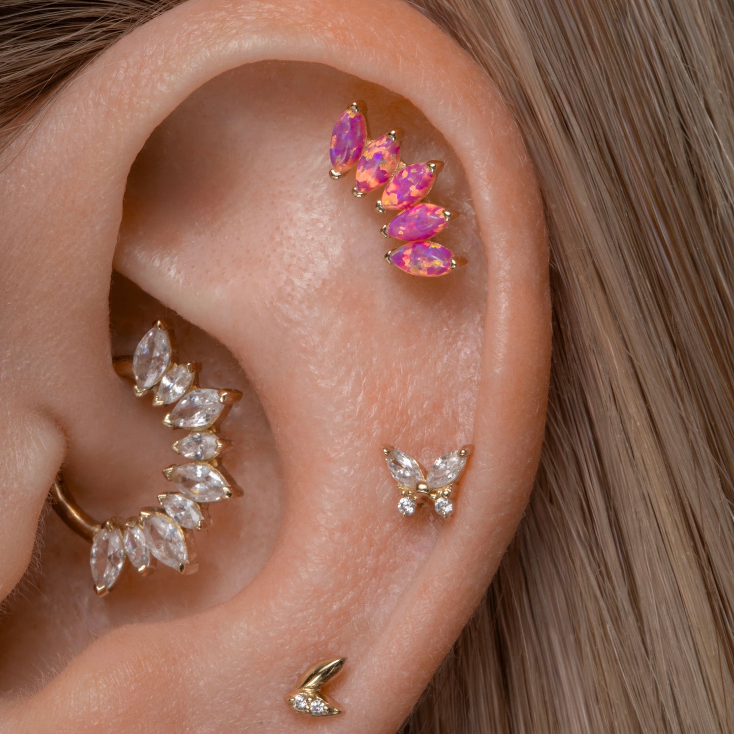 14k solid yellow gold Flora pink opal tiara flat back labret stud earring 8mm Cartilage Studs Laura Bond Maria Tash astrid miyu