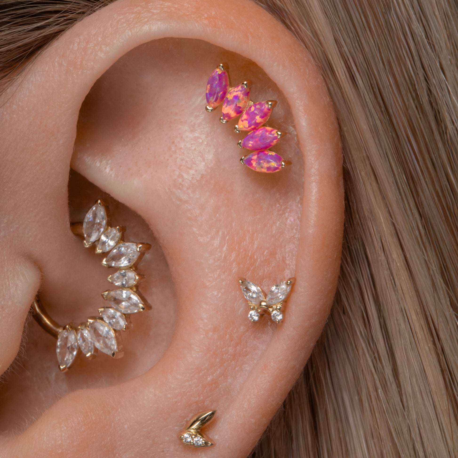 14k solid yellow gold Flora pink opal tiara flat back labret stud earring 8mm Cartilage Studs Laura Bond Maria Tash astrid miyu