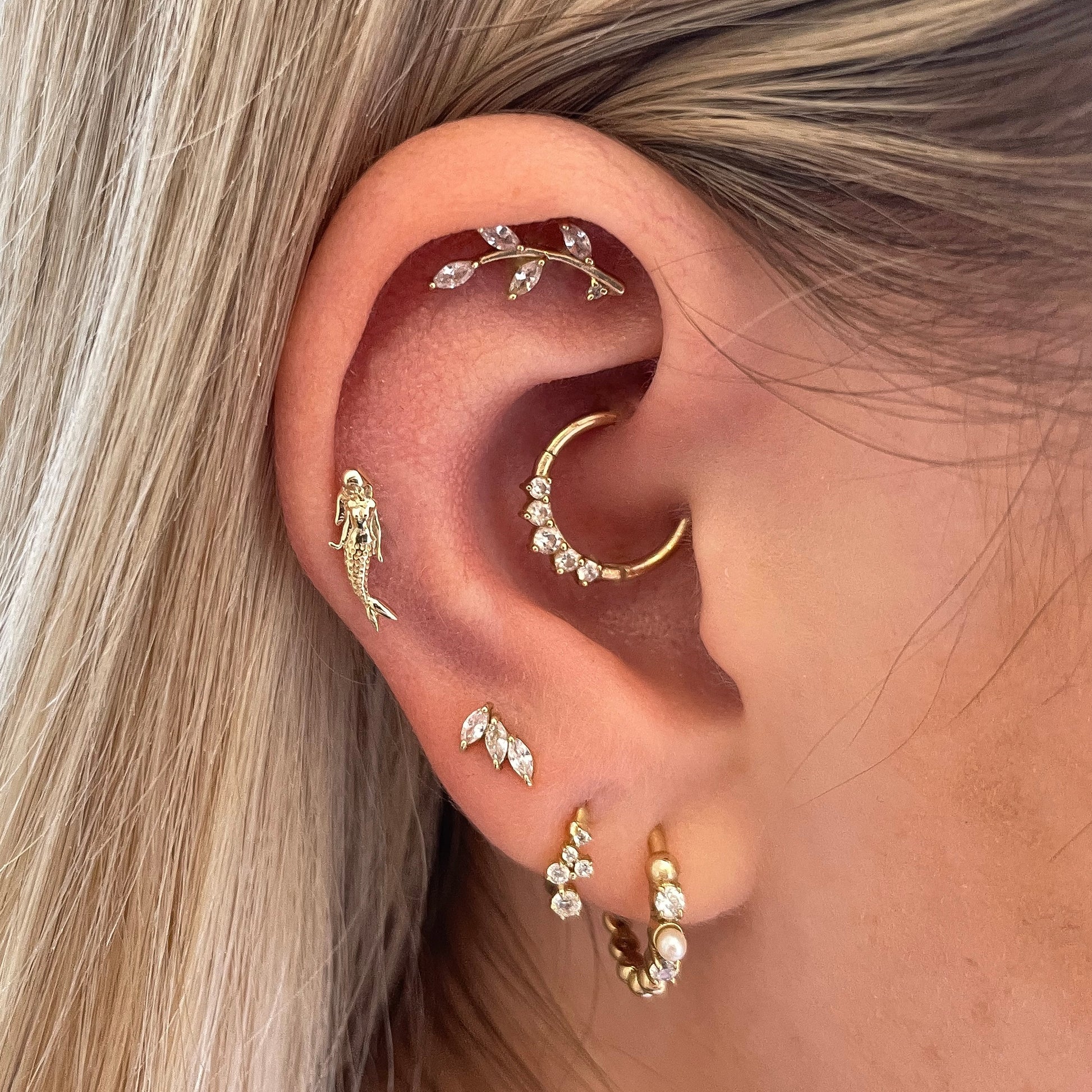 14k solid yellow gold mermaid flat back labret stud earring 8mm (right) Cartilage Studs Laura Bond Maria Tash
