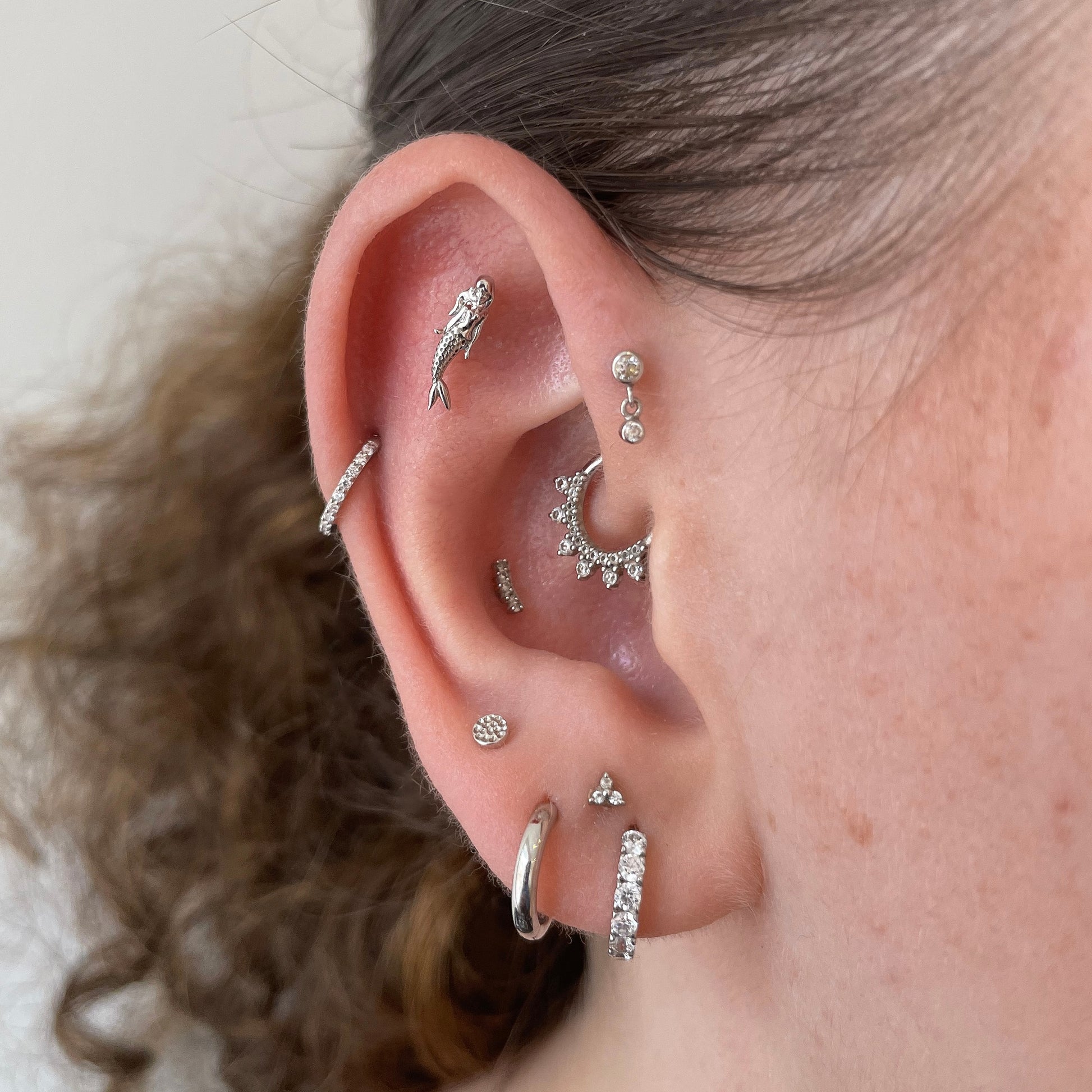 14k solid white gold mermaid flat back labret stud earring 8mm (right) Cartilage Studs Laura Bond Maria Tash