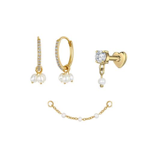 The pearl stacking set - 9k solid yellow gold huggie pair, labret stud and earring charm set