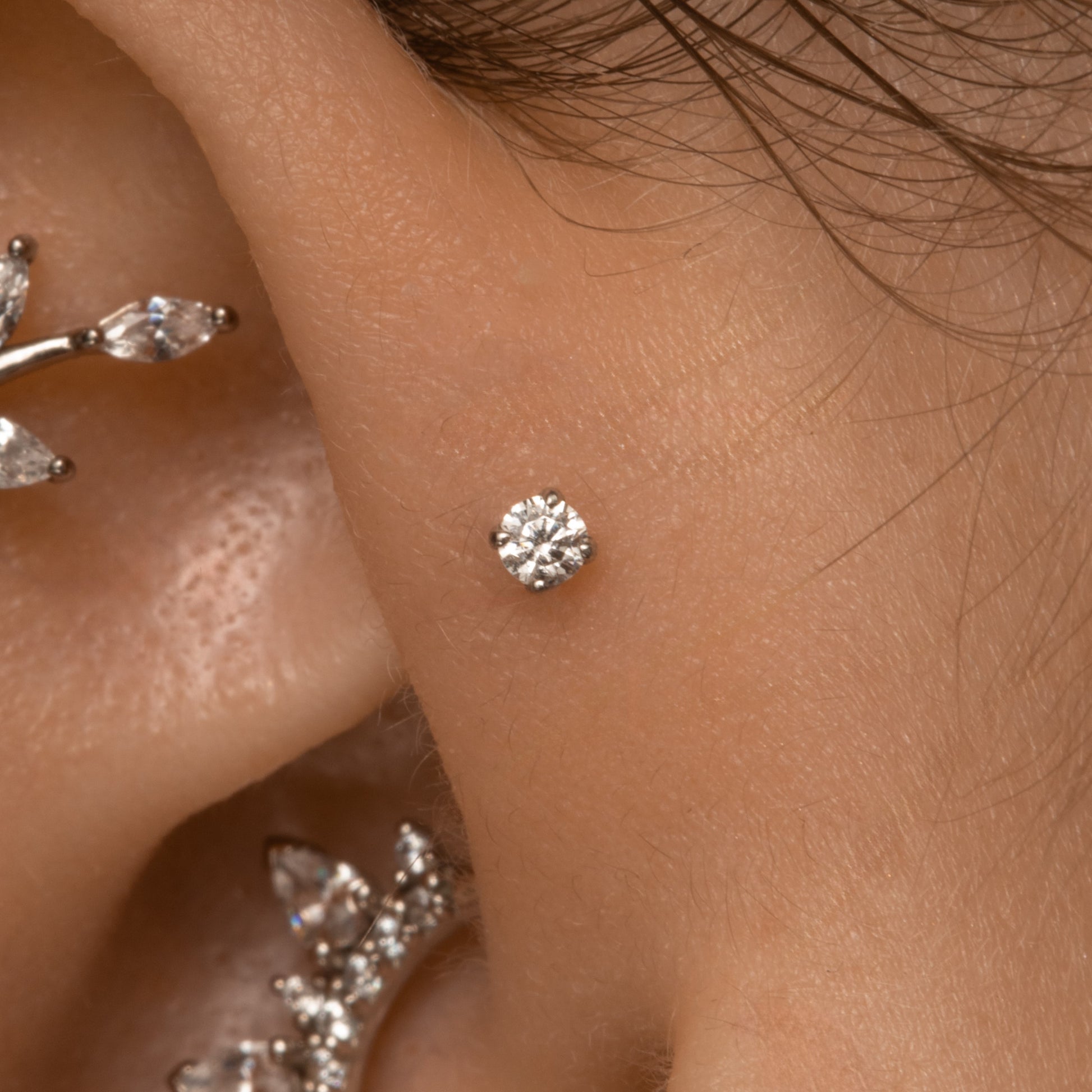 14k solid white gold tiny crystal gem flat back labret stud earring 8mm Cartilage Studs Laura Bond Maria Tash