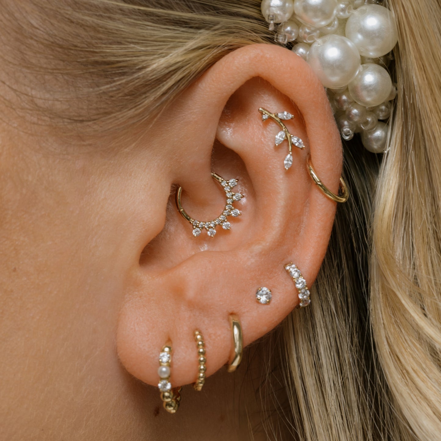 9k solid yellow gold 8mm 16g white crystal pavé hoop for daith or septum Huggies and Hoops Laura Bond Maria Tash