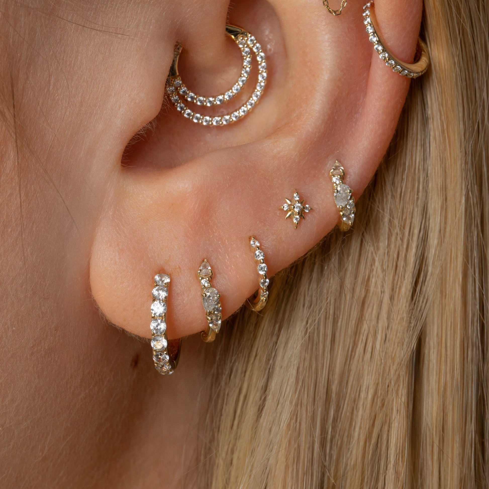 9k solid yellow gold Adella abstract pear huggie earring 8mm Huggies and Hoops Laura Bond Maria Tash astrid miyu