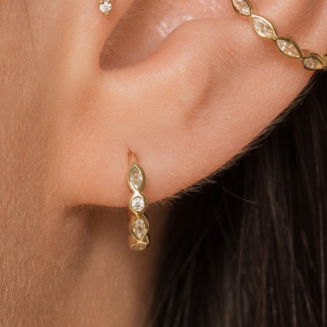 9k solid yellow gold marquise bezel huggie earring 8mm Huggies and Hoops Laura Bond Maria Tash astrid miyu
