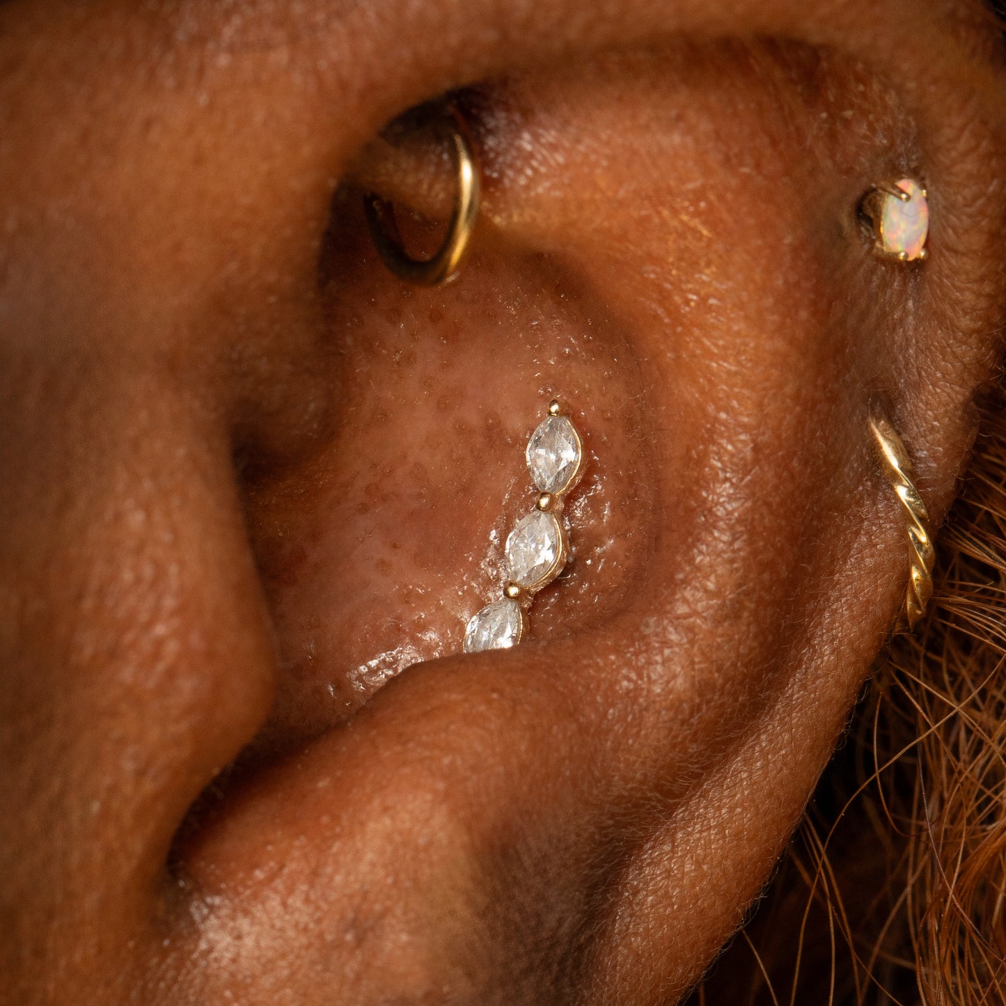 9k solid yellow gold marquise trinity flat back labret stud earring Cartilage Studs Laura Bond Maria Tash astrid miyu
