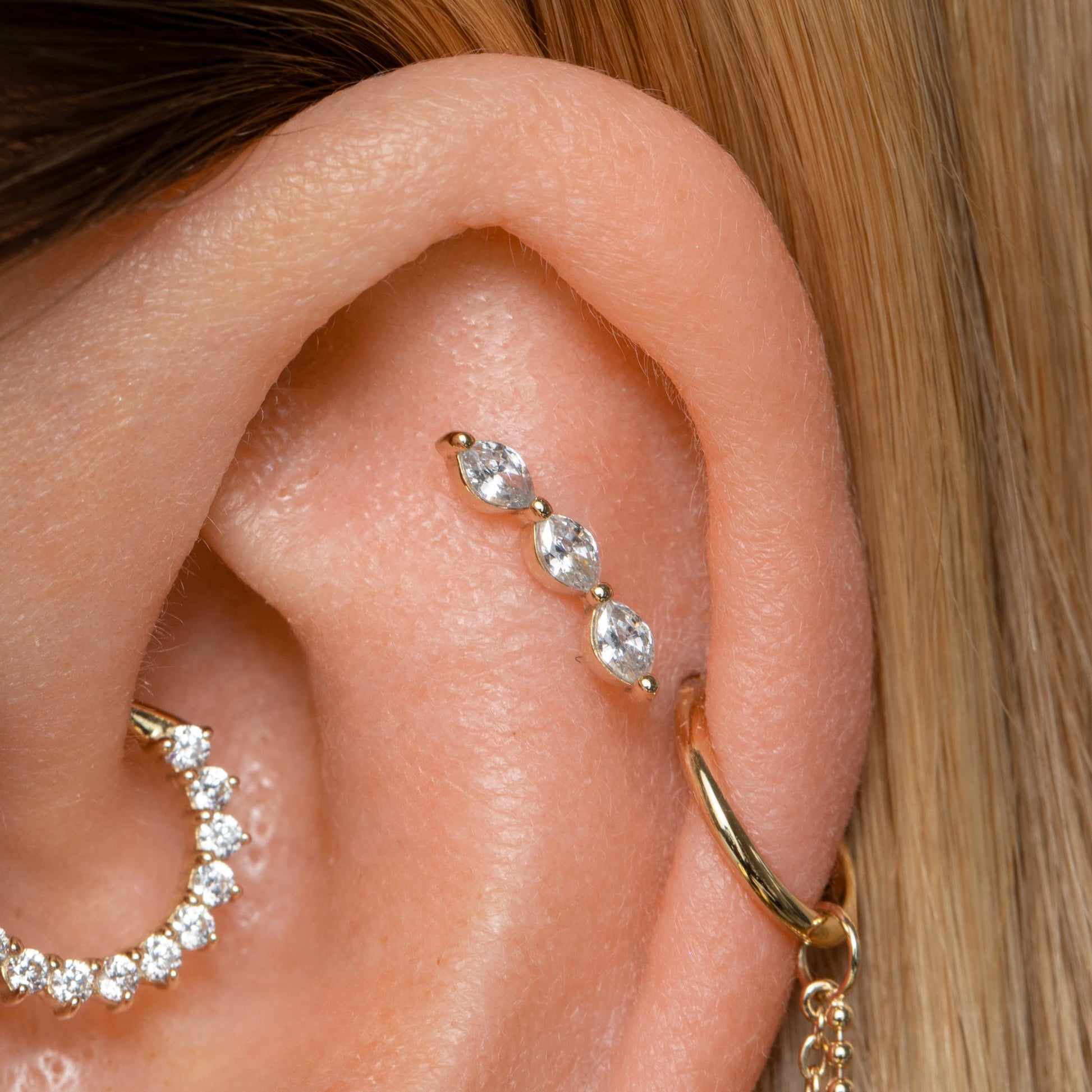 9k solid yellow gold marquise trinity flat back labret stud earring Cartilage Studs Laura Bond Maria Tash astrid miyu