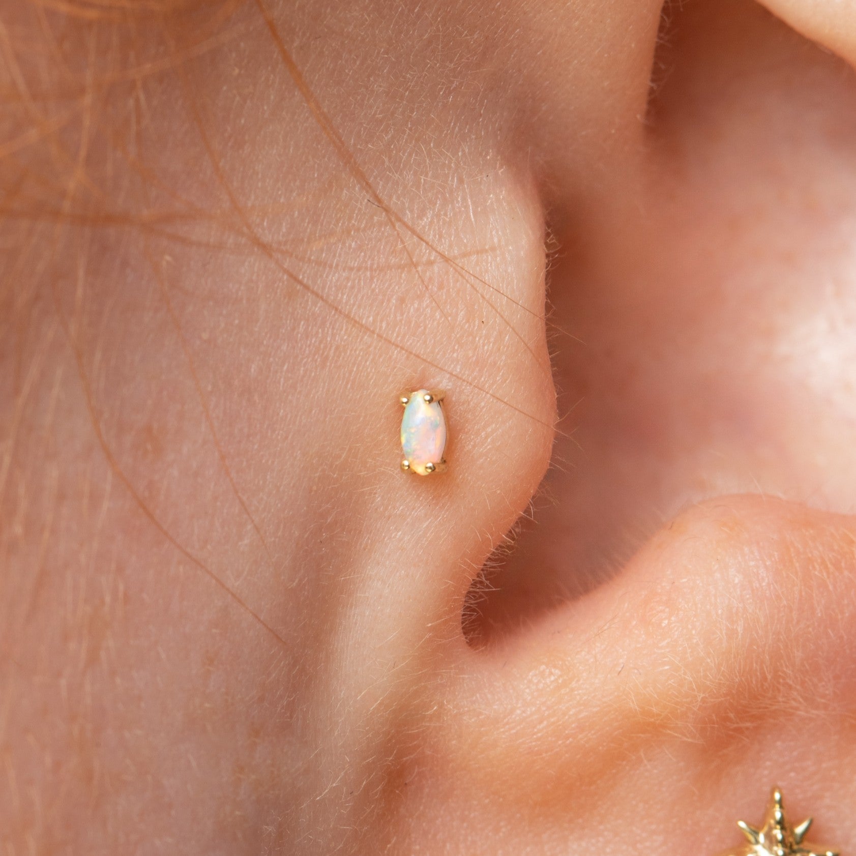 9k solid yellow gold tiny oval opal flat back labret stud earring