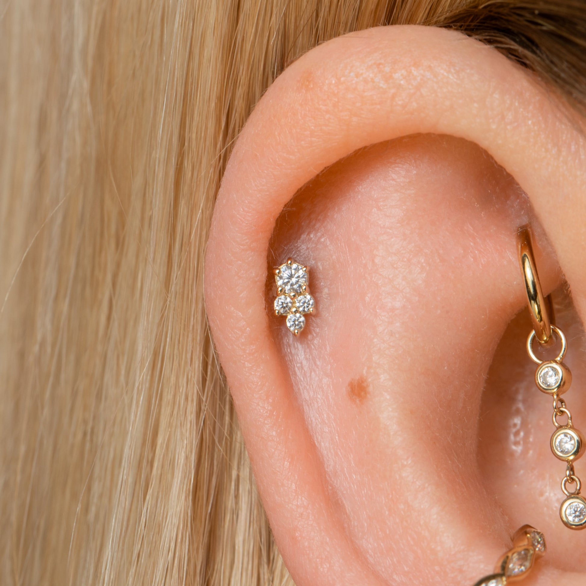 9k solid yellow gold trio cluster flat back labret stud earring Cartilage Studs Laura Bond Maria Tash