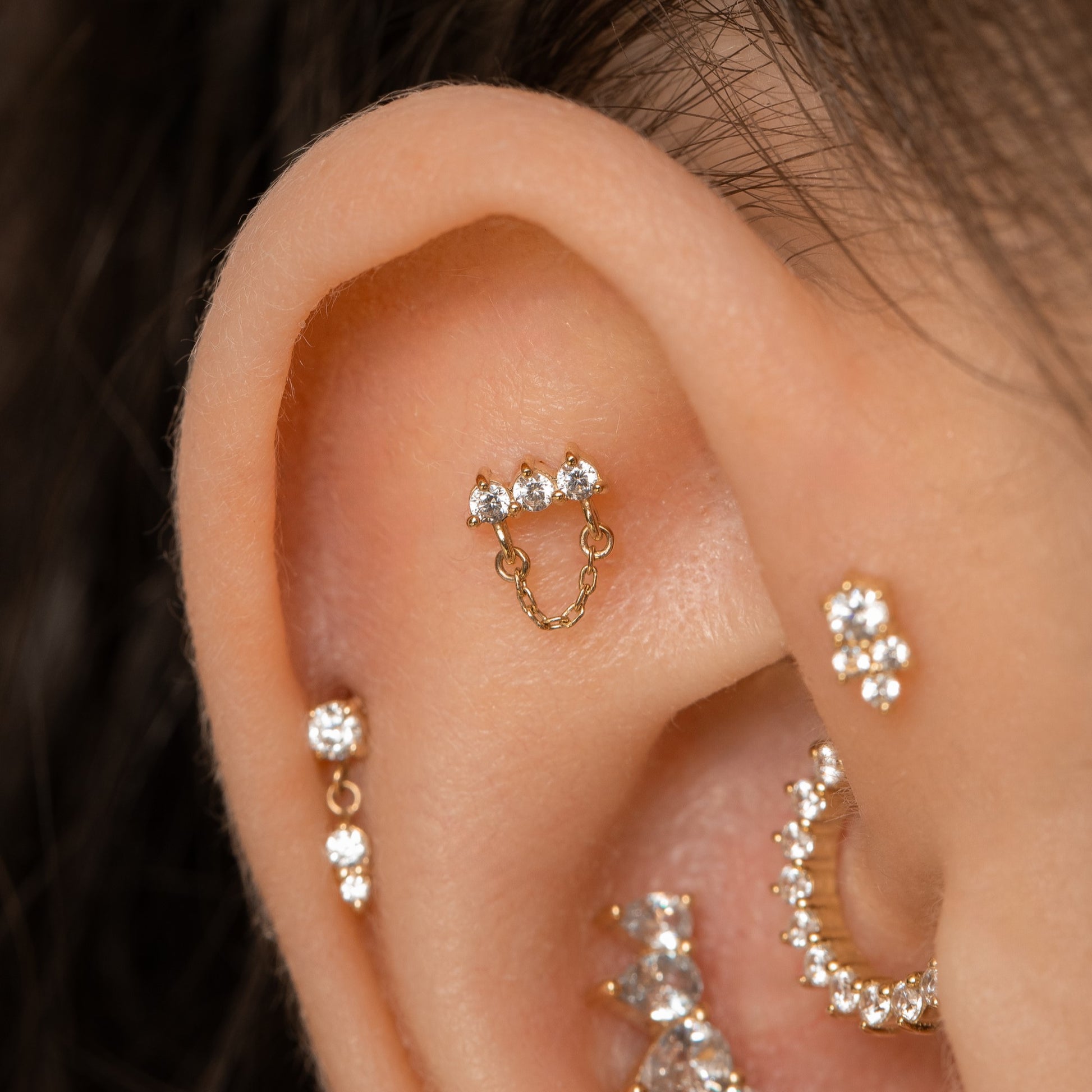 9k solid yellow gold triple gem chain flat back labret stud earring Cartilage Studs Laura Bond Maria Tash astrid miyu