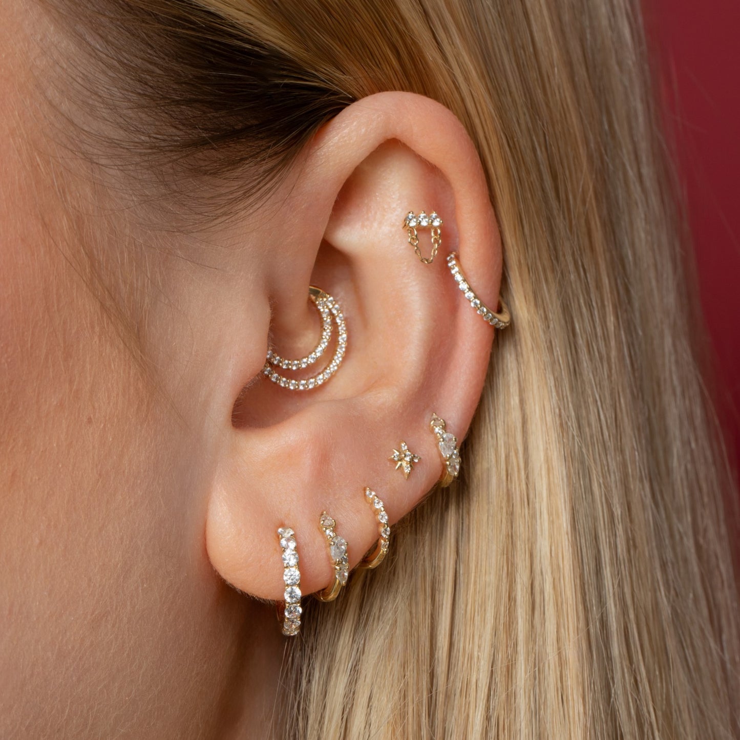 9k solid yellow gold triple gem chain flat back labret stud earring Cartilage Studs Laura Bond Maria Tash astrid miyu