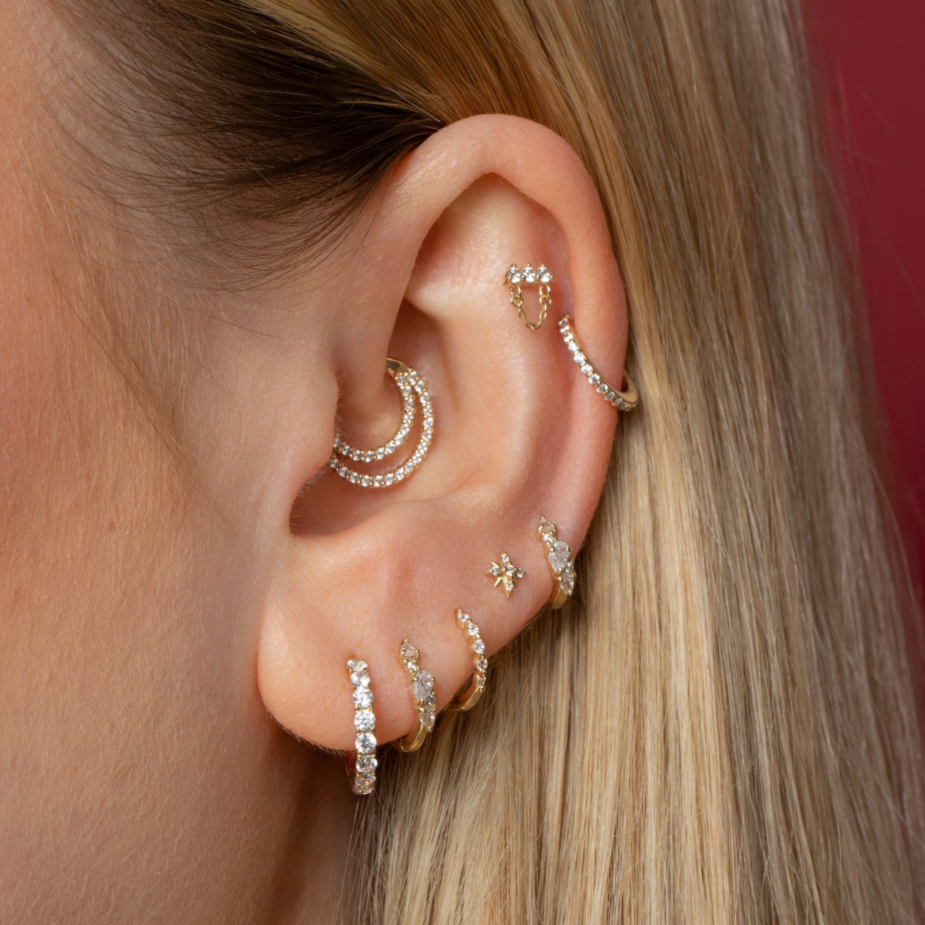 9k solid yellow gold triple gem chain flat back labret stud earring Cartilage Studs Laura Bond Maria Tash astrid miyu