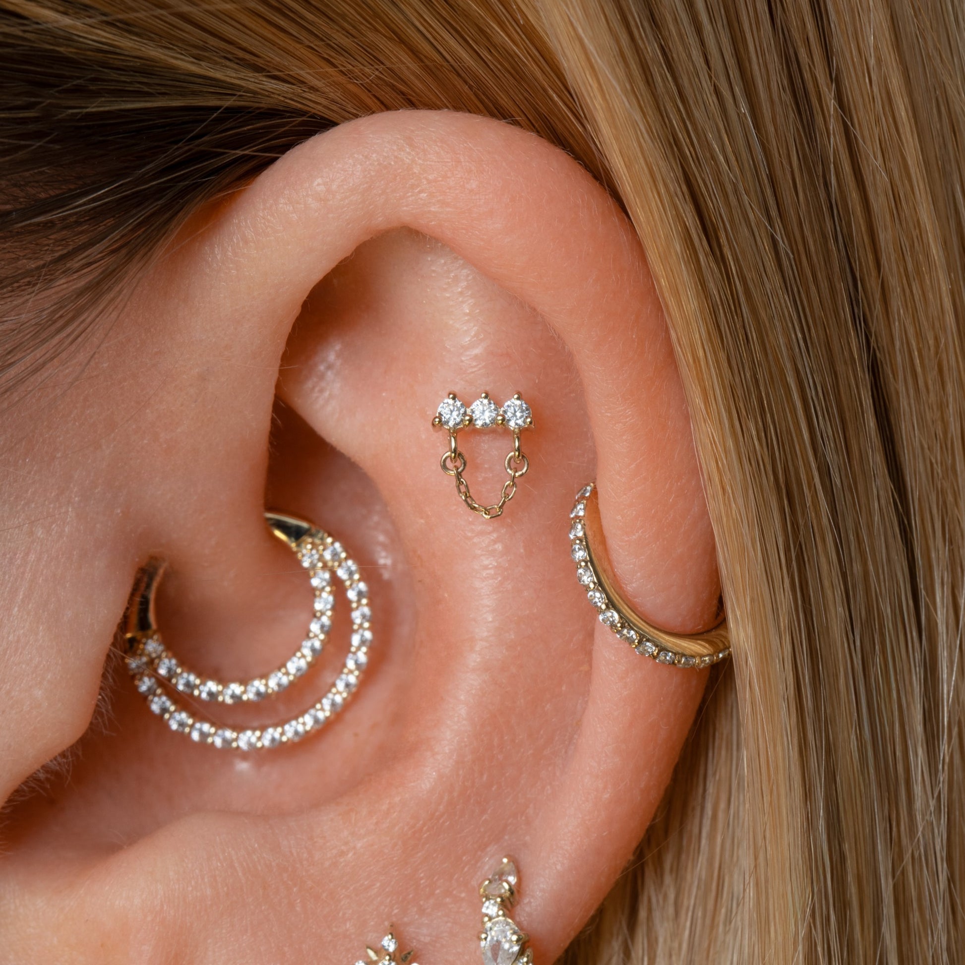 9k solid yellow gold triple gem chain flat back labret stud earring Cartilage Studs Laura Bond Maria Tash astrid miyu
