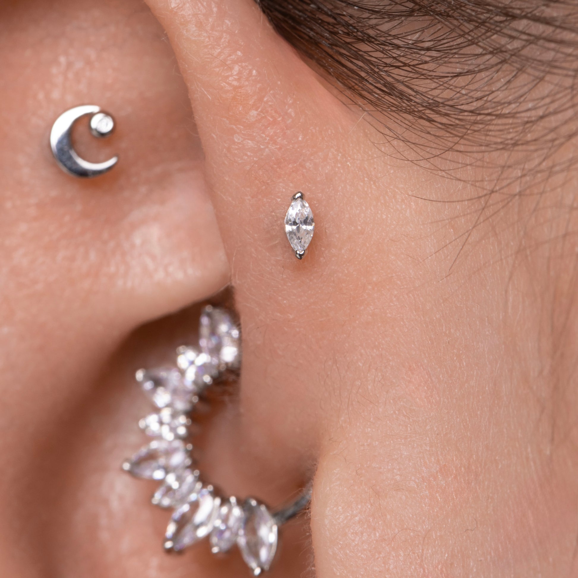 14k solid white gold tiny marquise flat back labret stud earring 8mm Cartilage Studs Laura Bond Maria Tash