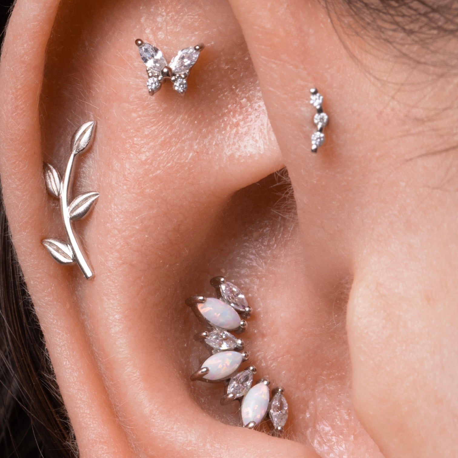 14k solid white gold textured vine garland flat back labret stud earring 8mm Cartilage Studs Laura Bond Maria Tash