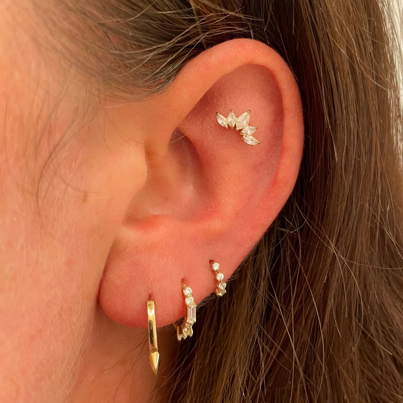 9k solid yellow gold four-stone crystal teeny tiny huggie earring Huggies and Hoops Laura Bond Maria Tash astrid miyu