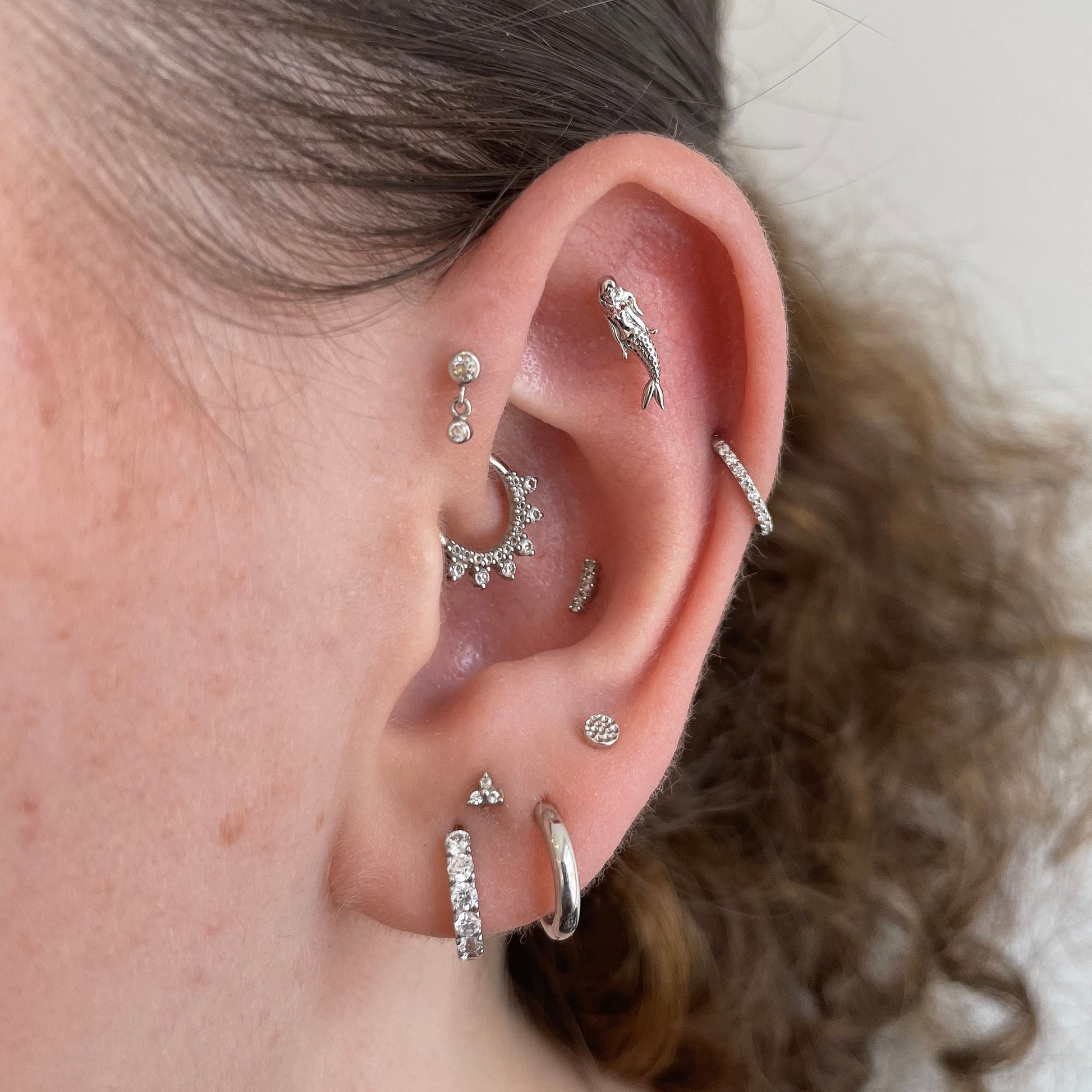 14k solid white gold mermaid flat back labret stud earring 8mm (left) Cartilage Studs Laura Bond Maria Tash