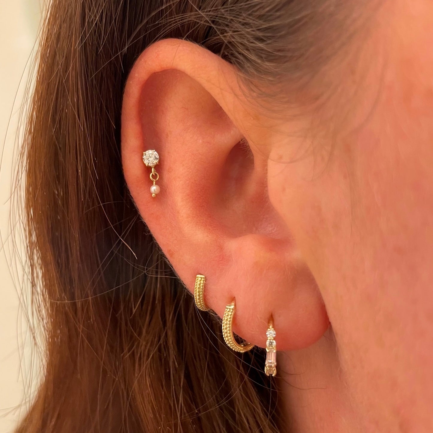 9k solid yellow gold hanging crystal and Pearl flat back labret stud earring 6mm