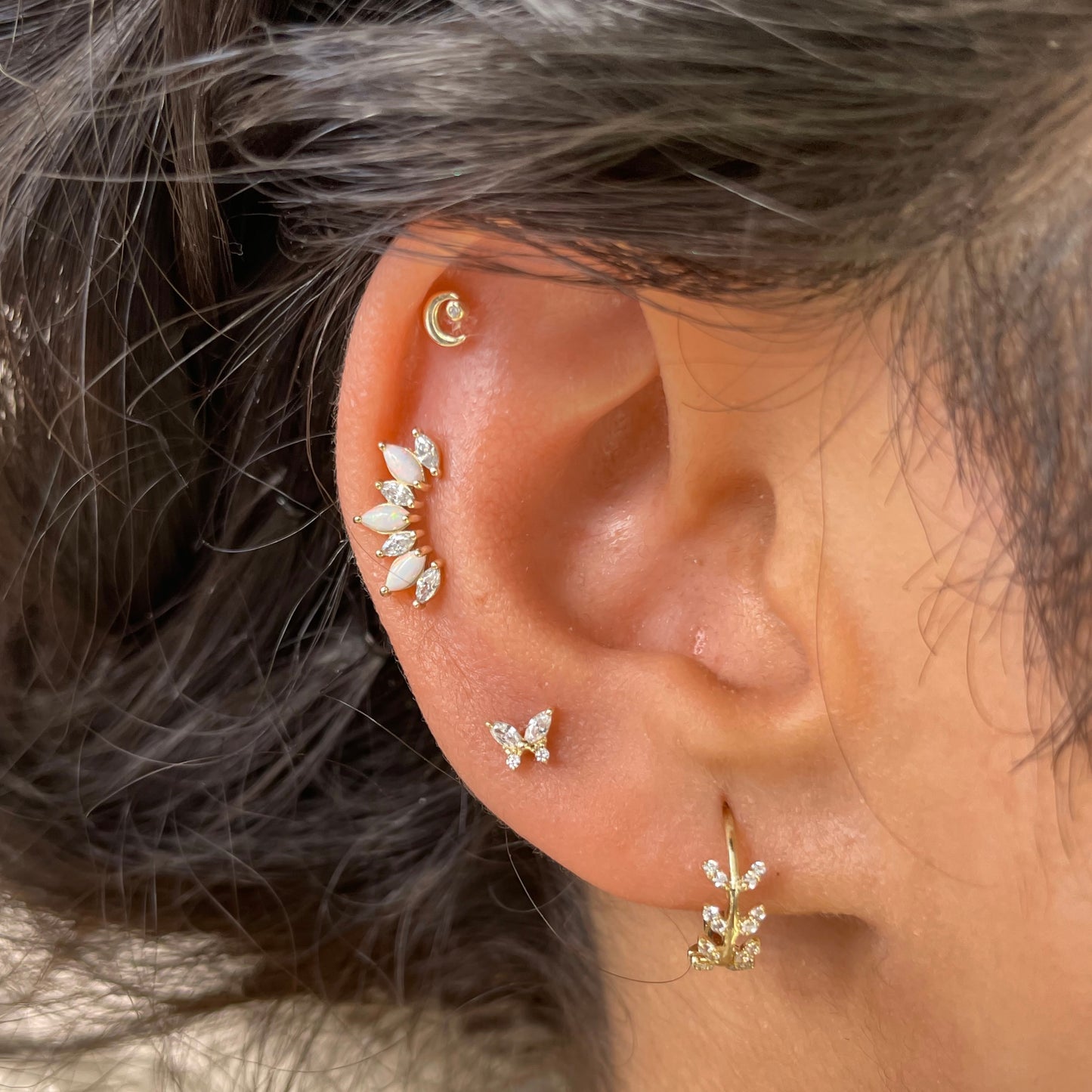 14k solid yellow gold opal marquise Titania's Crown flat back labret stud earring 8mm Cartilage Studs Laura Bond Maria Tash