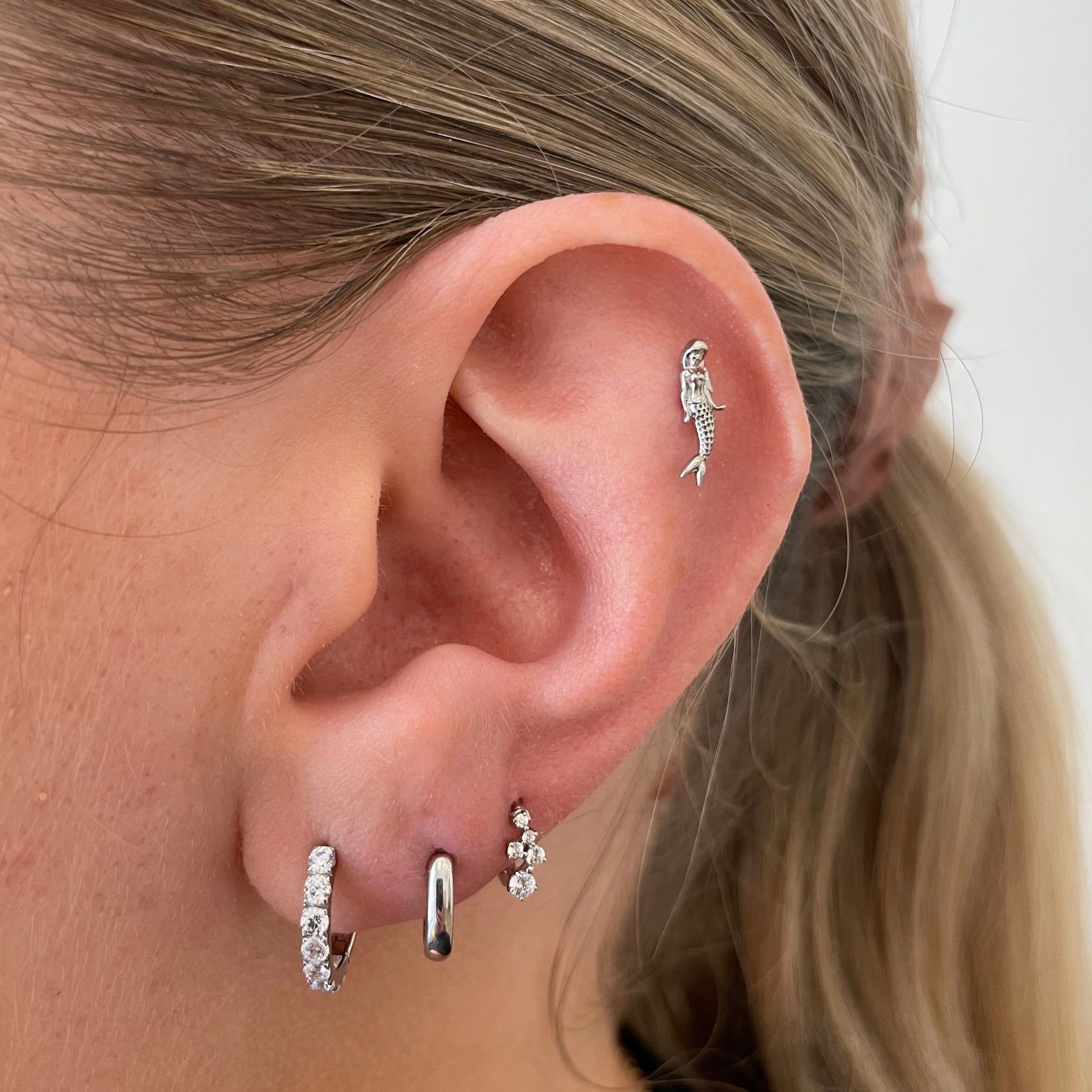 14k solid white gold mermaid flat back labret stud earring 8mm (left) Cartilage Studs Laura Bond Maria Tash