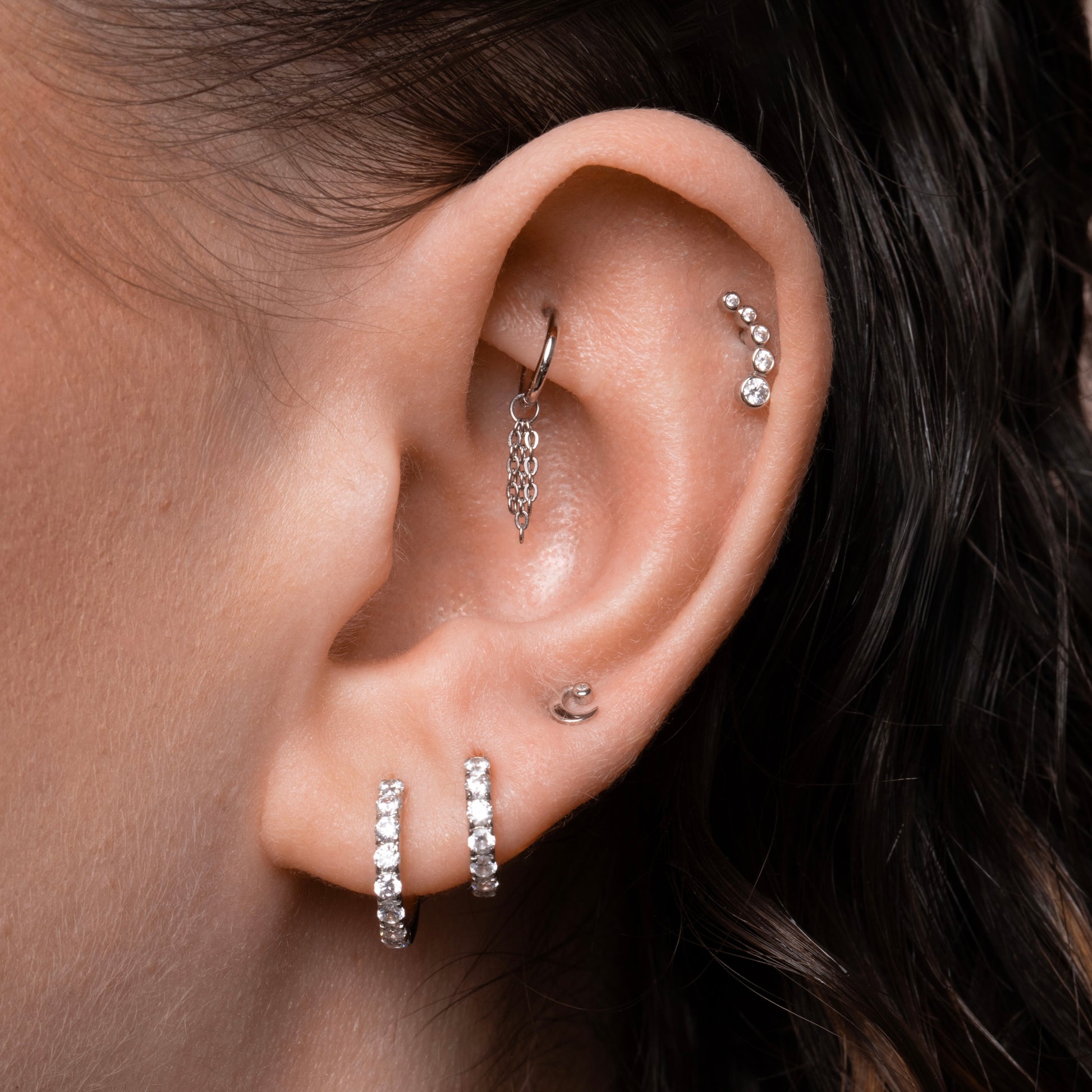9k solid white gold 6mm 18g clicker hoop earring with Sunlight floating chain charm Huggies and Hoops Laura Bond Maria Tash