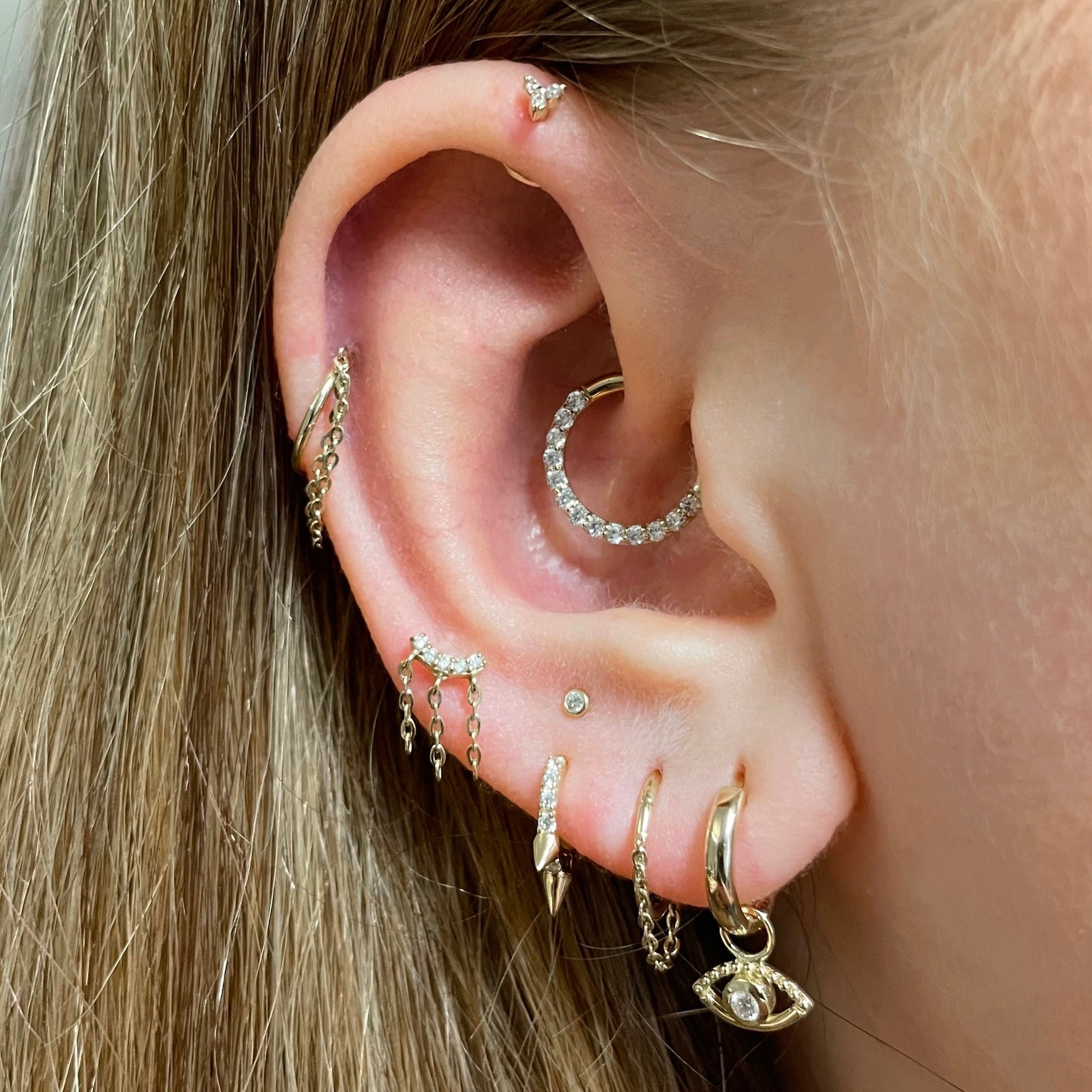 14k solid yellow gold tiny trio flat back labret stud earring 8mm Cartilage Studs Laura Bond Maria Tash