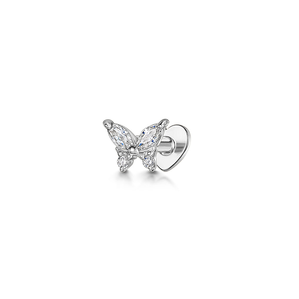 14k solid white gold tiny butterfly flat back labret stud earring 8mm
