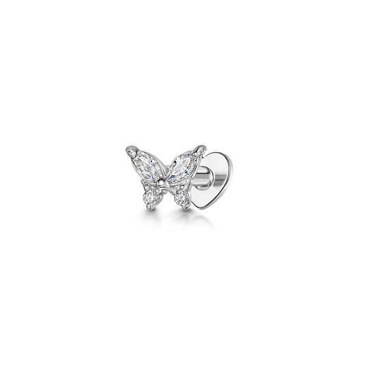 9k solid white gold tiny butterfly flat back labret stud earring 6mm
