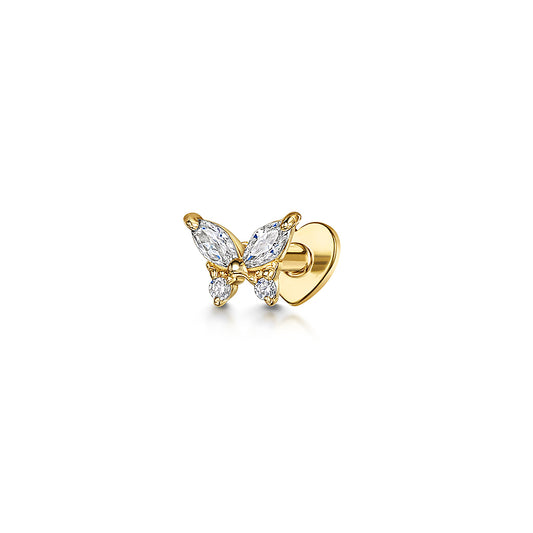 14k solid yellow gold tiny butterfly flat back labret stud earring 8mm
