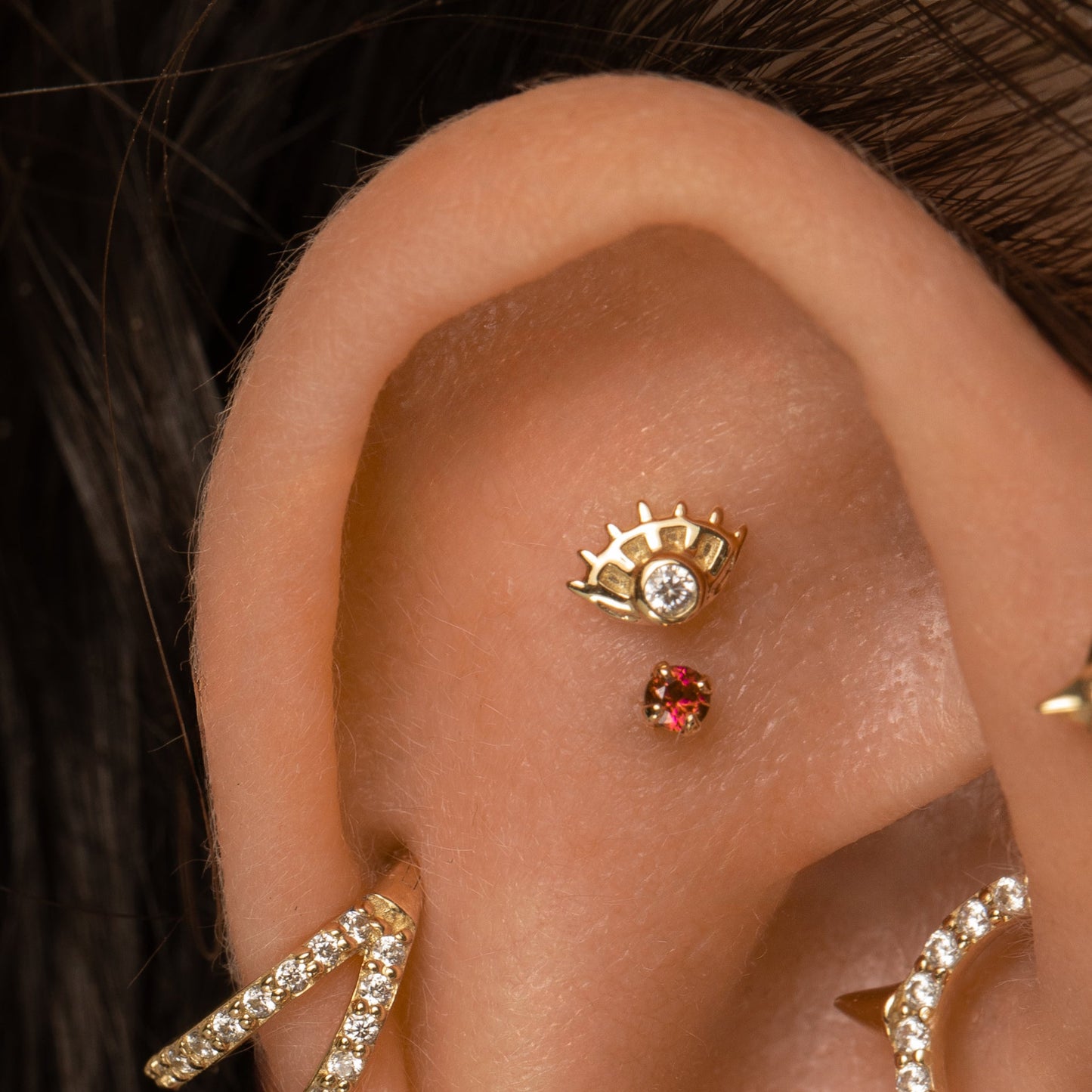 astrid miyu 9k solid yellow gold tiny red crystal gem 2mm flat back labret stud earring Cartilage Studs Laura Bond