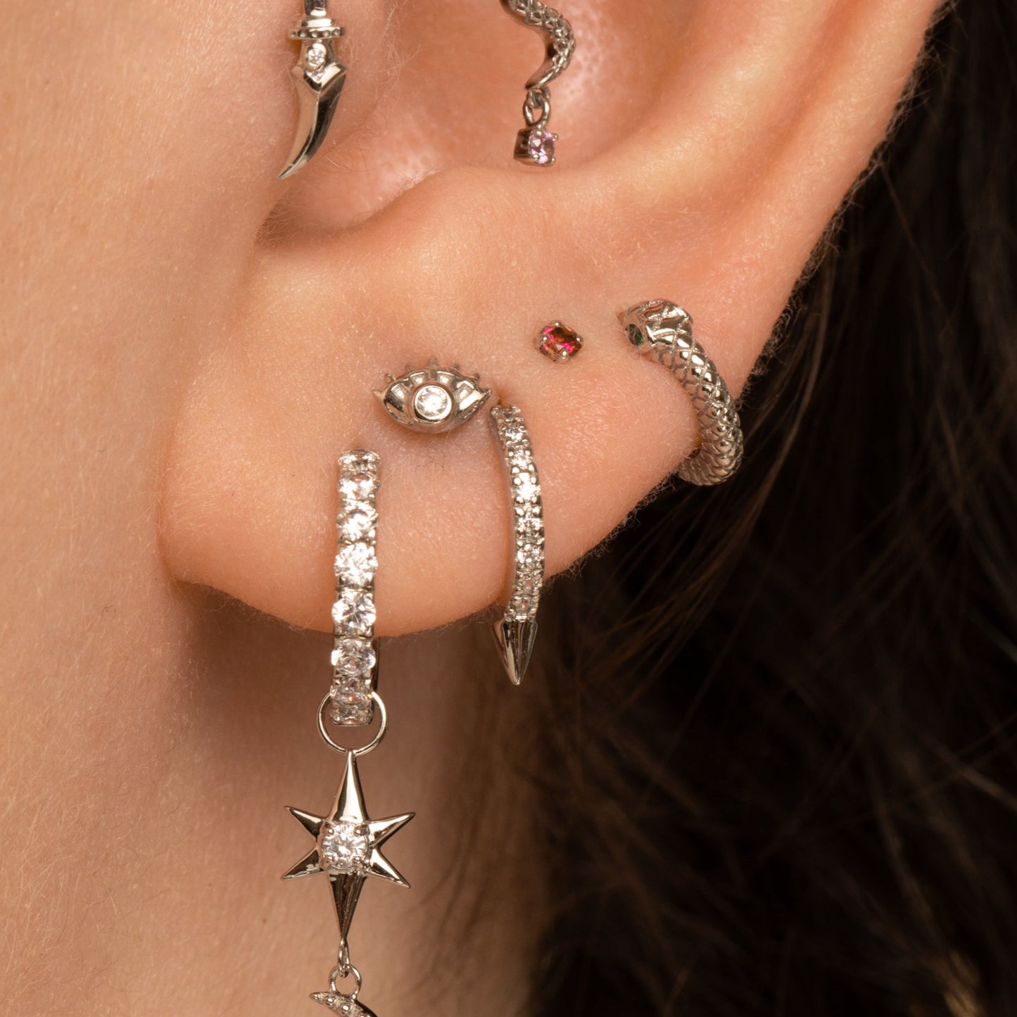 astrid miyu 9k solid white gold crystal single spike huggie hoop earring Huggies and Hoops Laura Bond