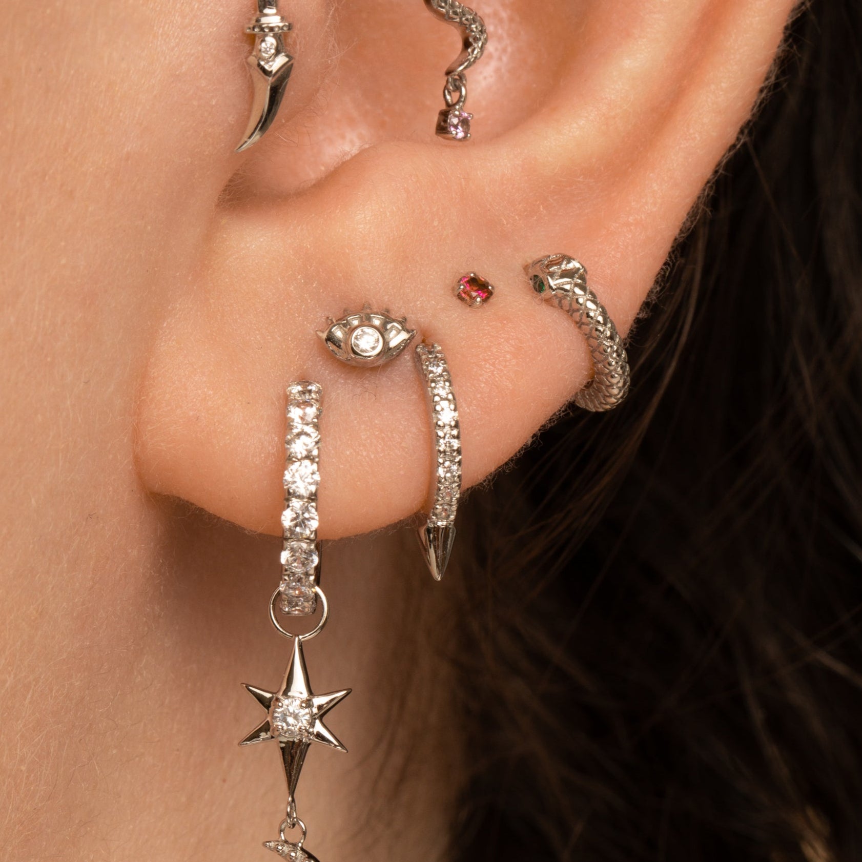 astrid miyu 9k solid white gold crystal single spike huggie hoop earring Huggies and Hoops Laura Bond